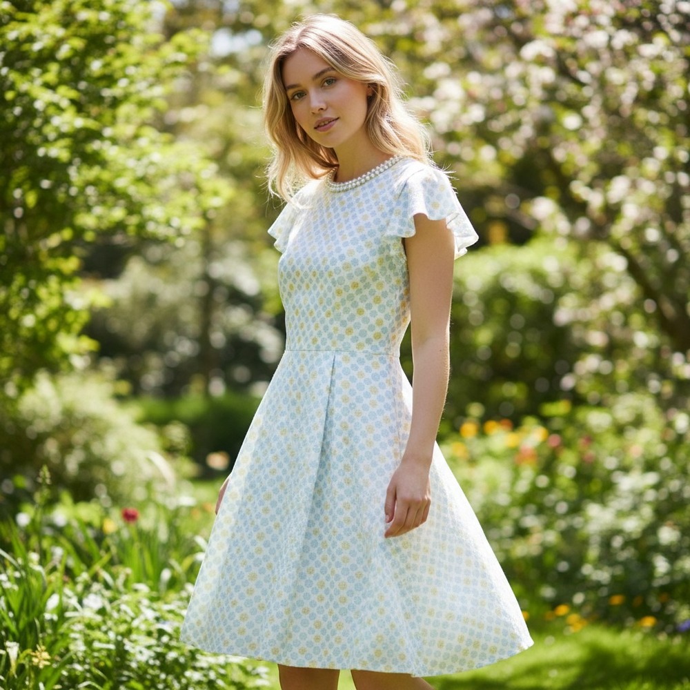 Jason Wu Aqua Blue Yellow Dress Pearl Neckline Ruffle Sleeve Sz‎ 8 / #8022